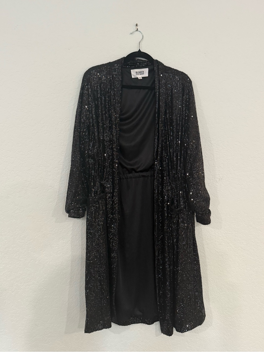 BB Dakota by Steve Madden Black Sequin Open-Front Duster Cardigan